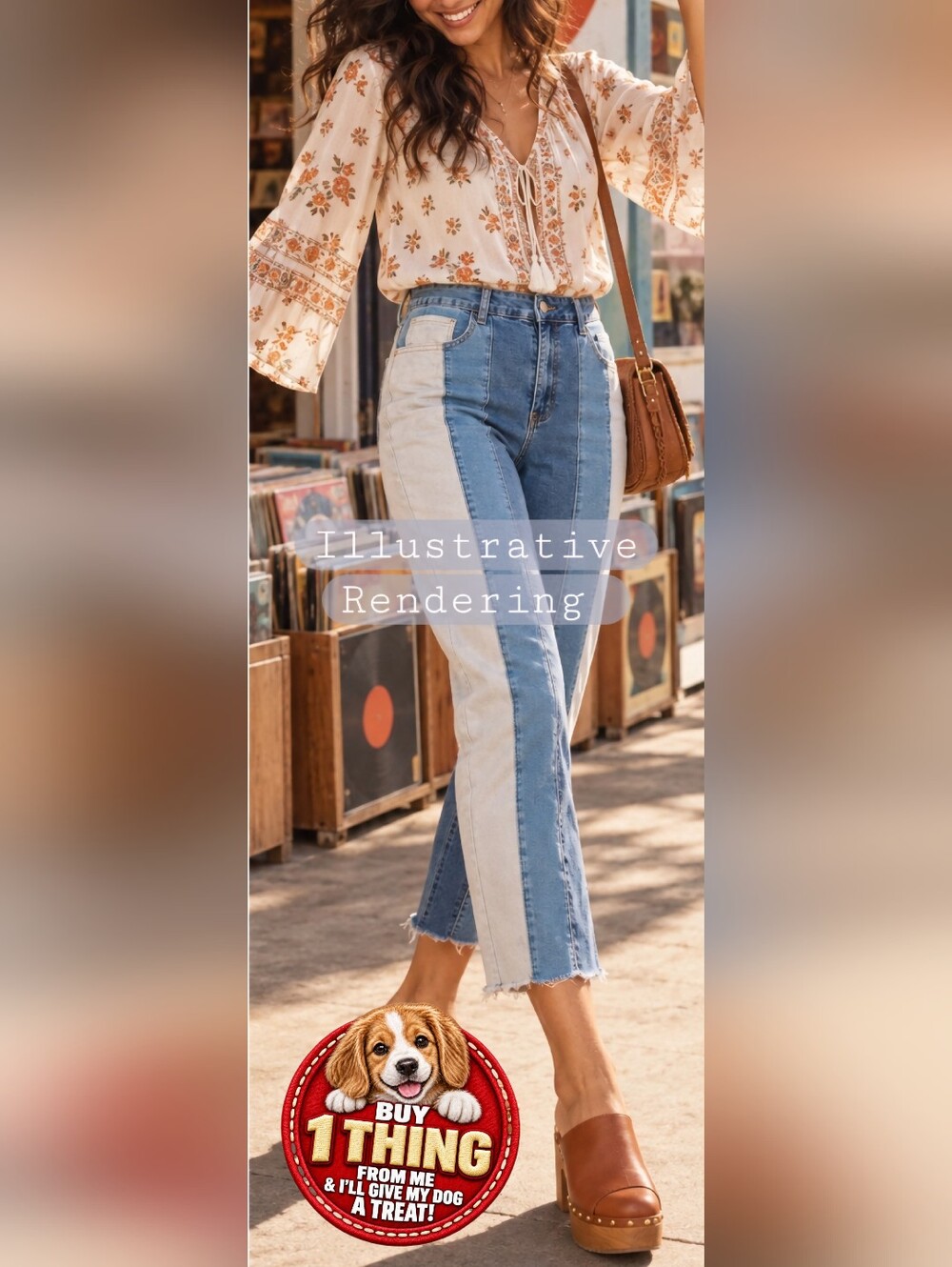 1970s Vibe High-Waist Two-Tone Patchwork Jeans - Blue/Cream